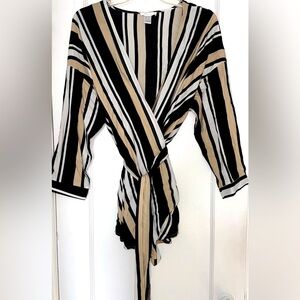 Black, White, And Beige Striped Cardigan with belt